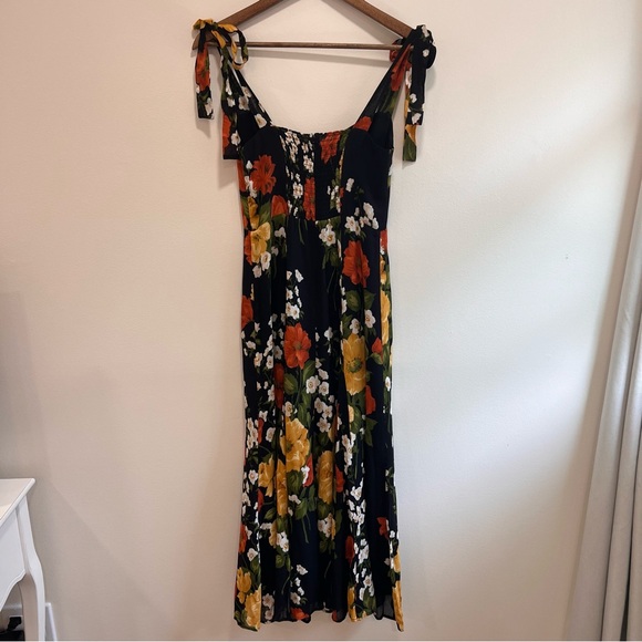 Reformation Nadira Floral Georgette Midi Dress Luisa Black Yellow Tie Straps, 4 - Picture 9 of 16